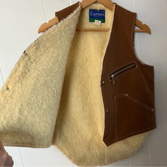 Vintage Carters Fleece Lined Canvas Vest 1970s Work Sherpa Duck USA Brown Tan - Picture 11 of 13